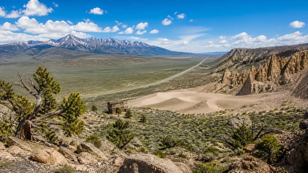 Rural Nevada basin, mountain ranges, and open highway