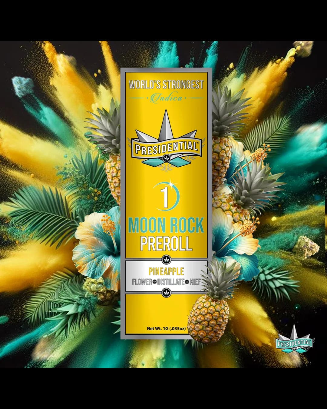 Presidential Pineapple Silver infused pre-roll package in yellow